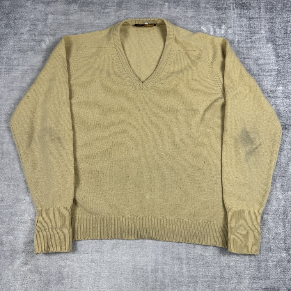 Vtg Pringle‎ of Scotland Sweater Mens 40 Cream 80s Lambswool V Neck Golf Grandpa